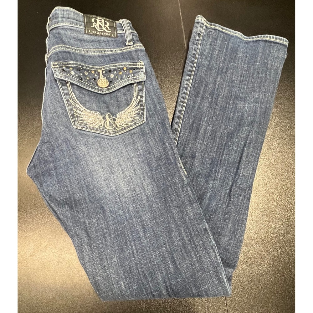 Rock & Republic Kassandra Bootcut Jeans Blue Embellished‎ Wing Pocket Size 4M